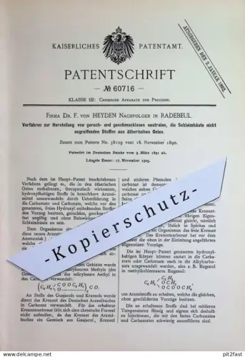 original Patent - Dr. F. von Heyden Nachfolger , Radebeul | 1891 | neutrale Stoffe aus ätherischem Öl | Arznei , Medizin