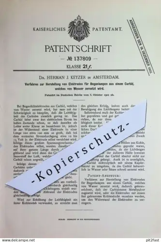original Patent - Dr. Herman J. Keyzer , Amsterdam Niederlande | 1901 | Herst. von Elektroden für Bogenlampen aus Carbid