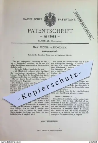 original Patent - Max Becker , Pforzheim | 1887 | Armbandverschluss | Armband | Schmuck , Goldschmied , Mode , Kurzwaren