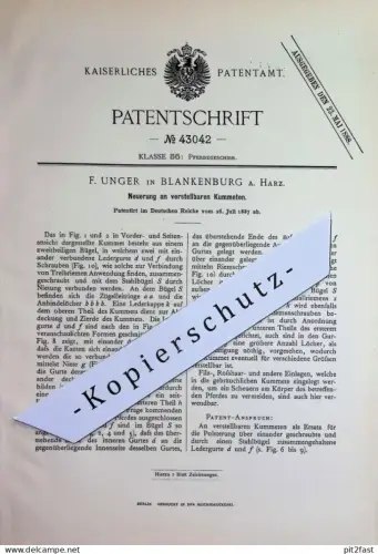 original Patent - F. Unger , Blankenburg / Harz | 1887 | verstellbaren Kummeten | Kummet | Pferdegeschirr , Pferd Pferde