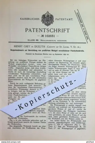 original Patent - Henry Grey , Duluth , County of St. Louis , USA | 1897 | Doppelwalzwerk | Walzwerk , Walze | Metall