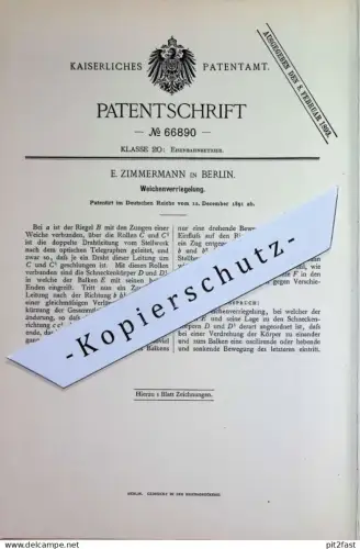original Patent - E. Zimmermann , Berlin | 1891 | Weichenverriegelung | Eisenbahn - Weichen | Bahn, Stellwerk