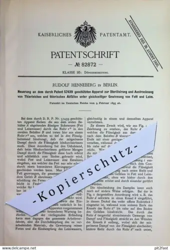 original Patent - Rudolf Henneberg , Berlin | 1895 | Sterilisierung u. Austrocknung von Tierleichen | Fett Leim , Dünger