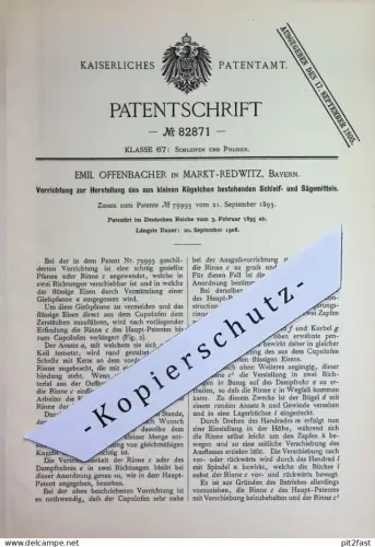 original Patent - Emil Offenbacher , Markt Redwitz , Bayern | 1895 | Herst. von Schleifmittel , Sägemittel | Cupolofen