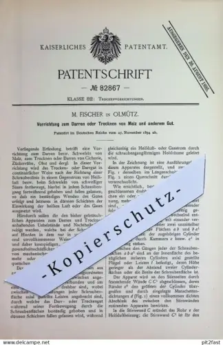 original Patent - M. Fischer , Olmütz | 1894 |  Darren oder Trocknen von Malz | Zucker , Obst , Bier | Trocknung