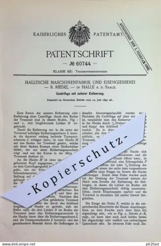 original Patent - Hallesche Maschinenfabrik & Eisengießerei R. Riedel , Halle / Saale | 1891 | Zentrifuge | Trommel !!