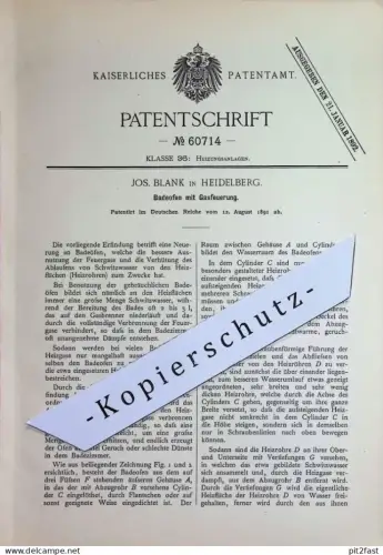 original Patent - Jos. Blank , Heidelberg | 1891 | Badeofen mit Gasfeuerung | Ofen , Gasofen | Gas , Feuerung