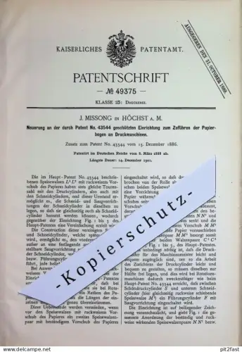 original Patent - J. Missong , Höchst / Main | 1888 | Zuführen der Papierbogen an Druckmaschinen | Papier | Druck !!
