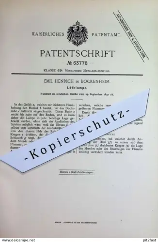 original Patent - Emil Henrich , Bockenheim | 1891 | Löthlampe | Lötlampe , Löten , Metall , Brenner , Lötkolben