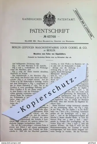 original Patent - Berlin Leipziger Maschinenfabrik Louis Goebel & Co. Berlin | 1891 | Feilen der Sägeblätter | Säge