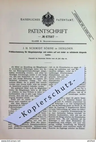 original Patent - J. H. Schmidt Söhne , Iserlohn | 1892 | Friktionshemmung für Hängelampen u. hängende Lasten | Lampen