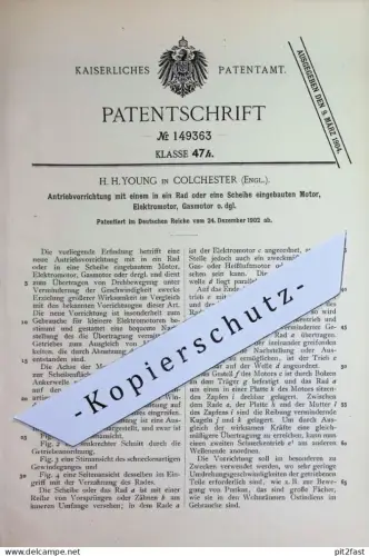 original Patent - H. H. Young , Colchester , England | 1902 | Antrieb mit eingebautem Motor , Elektromotor , Gasmotor !!