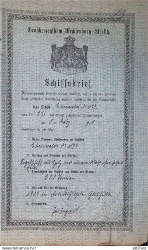 Schiffsbrief - Mecklenburg-Strelitz  1912 , H. Bruhn in Priepert , Fürstenberg , Schiff "Eberswalde", Urkunde , Ausweis
