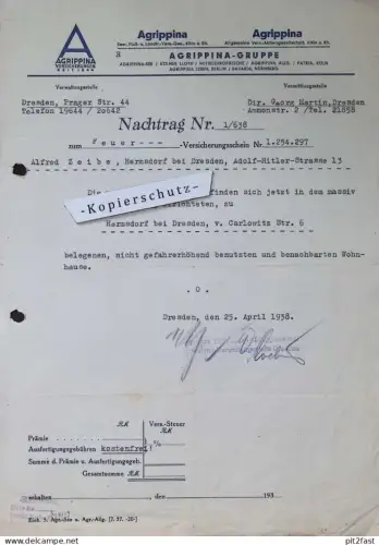 Agrippina Versicherung , 1938  , Alfred Zeibe in Hermsdorf b. Dresden , Dokument !!