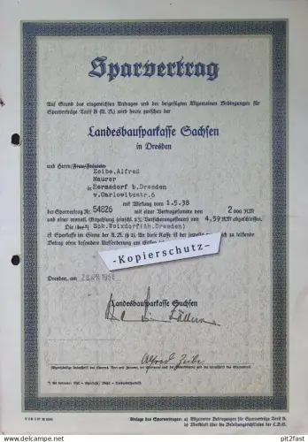Sparvertrag / Urkunde , 1938 , Landesbausparkasse in Dresden , Alfred Zeibe in Hermsdorf , Dokument !!