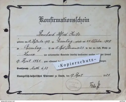 Kirche zu Lausa b. Dresden , 1924 , Konfirmationsschein , Bernhard Alfred Zeibe zu Eisenberg , Dokument !!