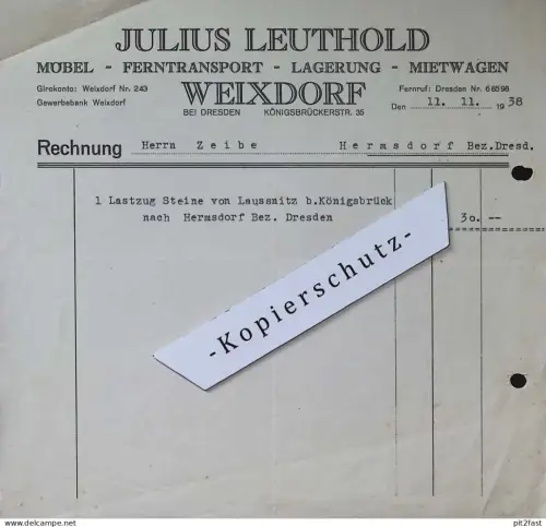 Möbeltransport - Julius Leuthold in Weixdorf b. Dresden , 1938 , Reklame , Zeibe in Hermsdorf , alte Rechnung / Dokument