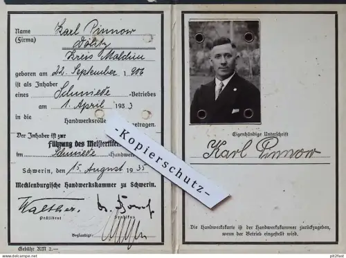 Ausweis / Handwerkskarte , Schmied Karl Pinnow in Dölitz b. Malchin , 1935 , Handwerkskammer Schwerin !!