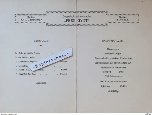 Doppelschraubendampfer "Peer Gynt" , 1925 , 4x Menükarte , Reederei Viktor Schuppe in Berlin , Dampfer , Schiff !!
