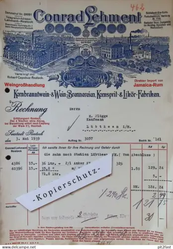 Brennerei - Conrad Lehment in Rostock i.M. , 1939 , Brauerei , H. Plügge in Lübtheen , alte Rechnung , Mecklenburg !!