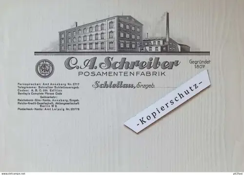 Posamentenfabrik - C.A. Schreiber in Schlettau i. Erzgebirge , ca. 1910 , Reklame , alte Rechnung / Dokument !!