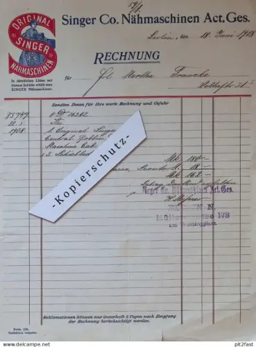 Singer Nähmaschinen AG in Berlin , 1908 , alte Rechnung / Dokument !!