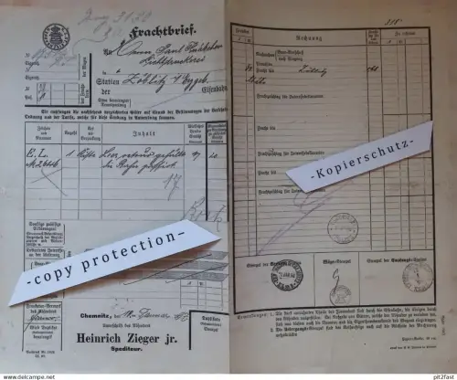 Frachtbrief - Paul Knäbchen in Zöblitz b. Marienberg , 1898 , Eisenbahn , Heinrich Zieger in Chemnitz !!