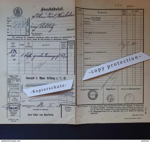 Frachtbrief - Paul Knäbchen in Zöblitz b. Marienberg , 1898 , Eisenbahn , Carl Edler von Querfurth !!