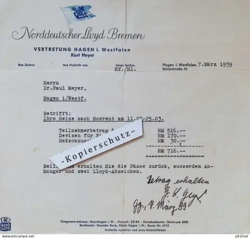 Norddeutsche Lloyd Bremen , 1939 , Vertretung Kurt Heyer in Hagen i. Westfalen , Abzeichen , Schiff !!