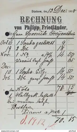 Philipp Friedländer in Güstrow i. Mecklenburg , 1898 , alte Rechnung / Dokument !!