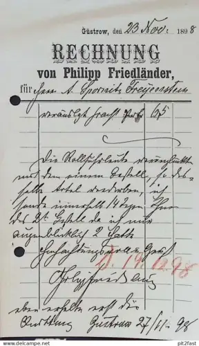 Philipp Friedländer in Güstrow i. Mecklenburg , 1898 , alte Rechnung / Dokument !!