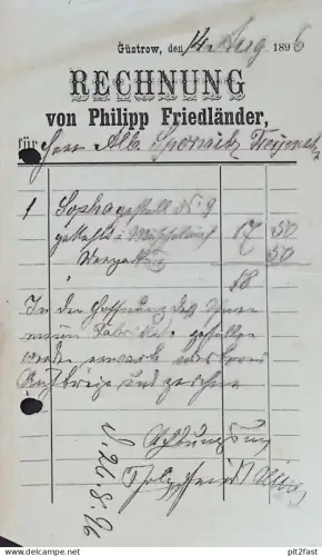 Philipp Friedländer in Güstrow i. Mecklenburg , 1896 , alte Rechnung / Dokument !!