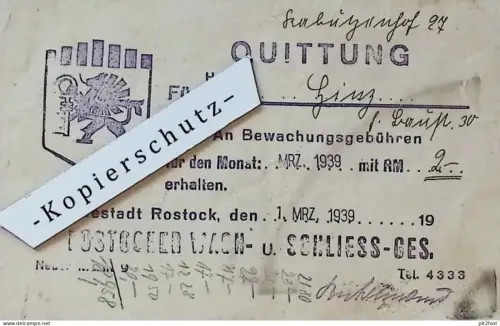 Bewachung für Frau Hinz in Rostock i. Mecklenburg , 1939 , Rostocker Wach- und Schliess-Gesellschaft , WSD , Quittung !!