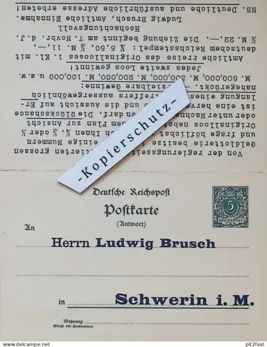 Lotterie - Schwerin i. Mecklenburg , 1898 , Ludwig Brusch , nach Dobitschen b. Leipzig , Dr. med Hunsinger !!