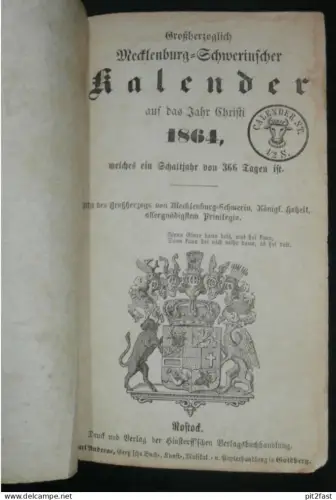 Kalender 1865 - Rostock i. Mecklenburg , mit Eisenbahn Fahrplan !!!