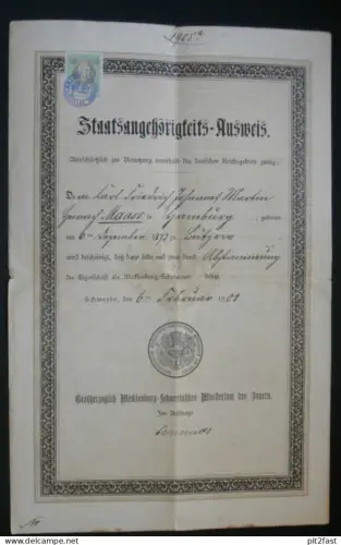 Staatsangehörigkeits-Ausweis , Lützow i. Mecklenburg , 1901, Herrnburg / Lüdersdorf , Schwerin , Karl Friedrich Maass !!