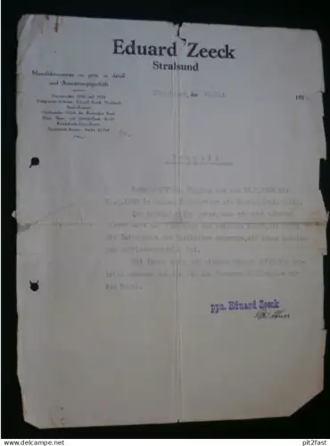 Zeugnis - Eduard Zeeck in Stralsund , 1928 , Elise Köpping , Mecklenburg !!