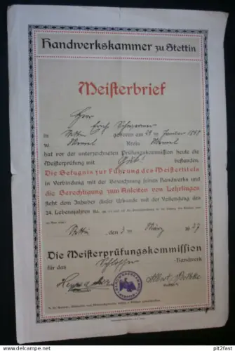 Meisterbrief - Stettin 1927 , Memel / Klaipėda , Heynacker , Bethke !!