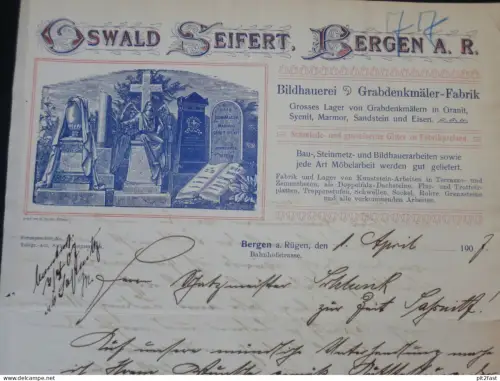 Bildhauerei - Oswald Seifert in Bergen i. Mecklenburg , 1907 , Dokument , Rechnung , Reklame !!