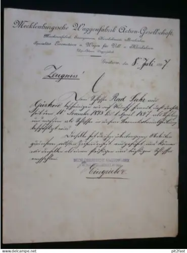 Zeugnis - Waggon-Fabrik Güstrow , 1897 , Kleinbahn , Mecklenburg , Eisenbahn , Schmalspurbahn , Rudolf Suhr in Güstrow !