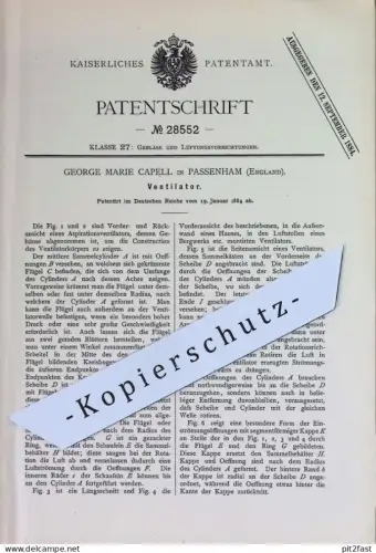 original Patent - George Marie Capell , Passenham , England | 1884 | Ventilator , Ventilatoren | Gebläse | Lüftung