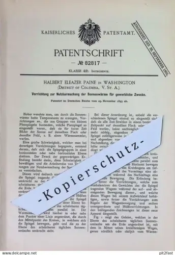 original Patent - Halbert Eleazer Paine , Washington , Columbia , USA | 1893 | Ausnutzung von Sonnenwärme | Wärmesammler