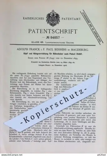 original Patent - Adolph Franck i. F. Paul Behrens , Magdeburg | 1895 | Köpf- u. Ablegvorrichtung für Rübenheber | Rüben