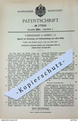 original Patent - F. Bernhardt , Leisnig , Sachsen | 1902 | Gewinnung von Pottaschelösung aus Wolle | Pottasche Rohwolle