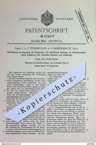 original Patent - Fa. L. u. C. Steinmüller , Gummersbach | 1912 | Temperatur - Regler bei Dampferzeuger | Dampfkessel