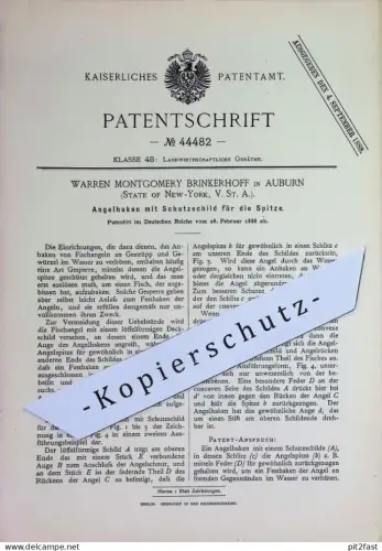 original Patent - Warren Montgomery Brinkerhoff , Auburn , New York USA | 1888 | Angelhaken mit Spitzen - Schutz | Angel