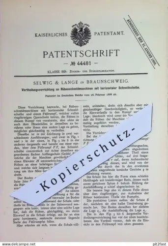 original Patent - Selwig & Lange , Braunschweig 1888 | Verteilungsvorrichtung an Rübenschneidmaschine | Rüben schneiden