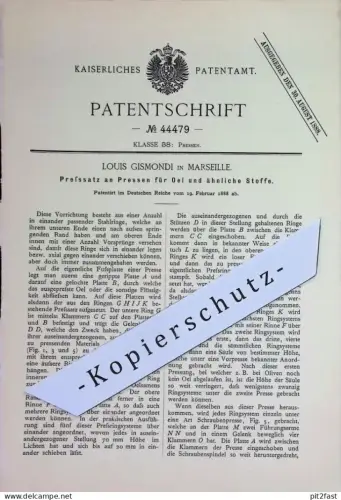 original Patent - Louis Gismondi , Marseille , Frankreich | 1888 | Presssatz an Pressen für Öl | Ölpresse | Presse
