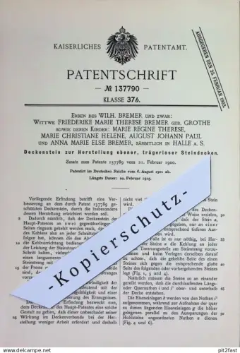 original Patent - Erben des Wilh. Bremer : Witwe Friederike , geb. Grothe und Kinder | 1901 | Deckenstein f. Steindecken