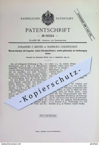 original Patent - Johannes F. Breyer , Hamburg / Uhlenhorst 1890 | Wasservelociped | Wasser Velociped | Fahrrad Tretboot